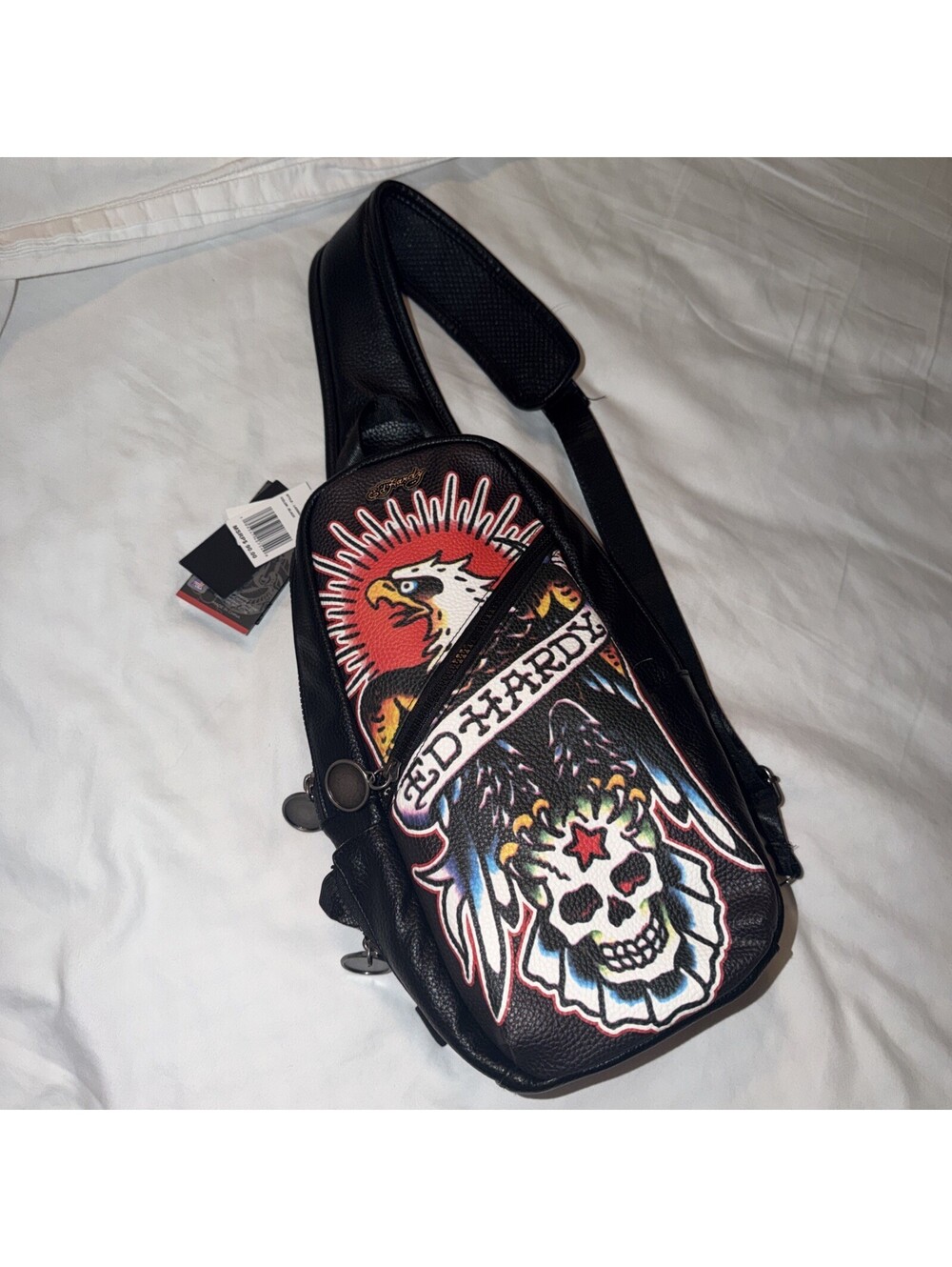 New! ED HARDY Tattoo Style Eagle & Skull Sunburst One Strap SLING Backpack F/S!!